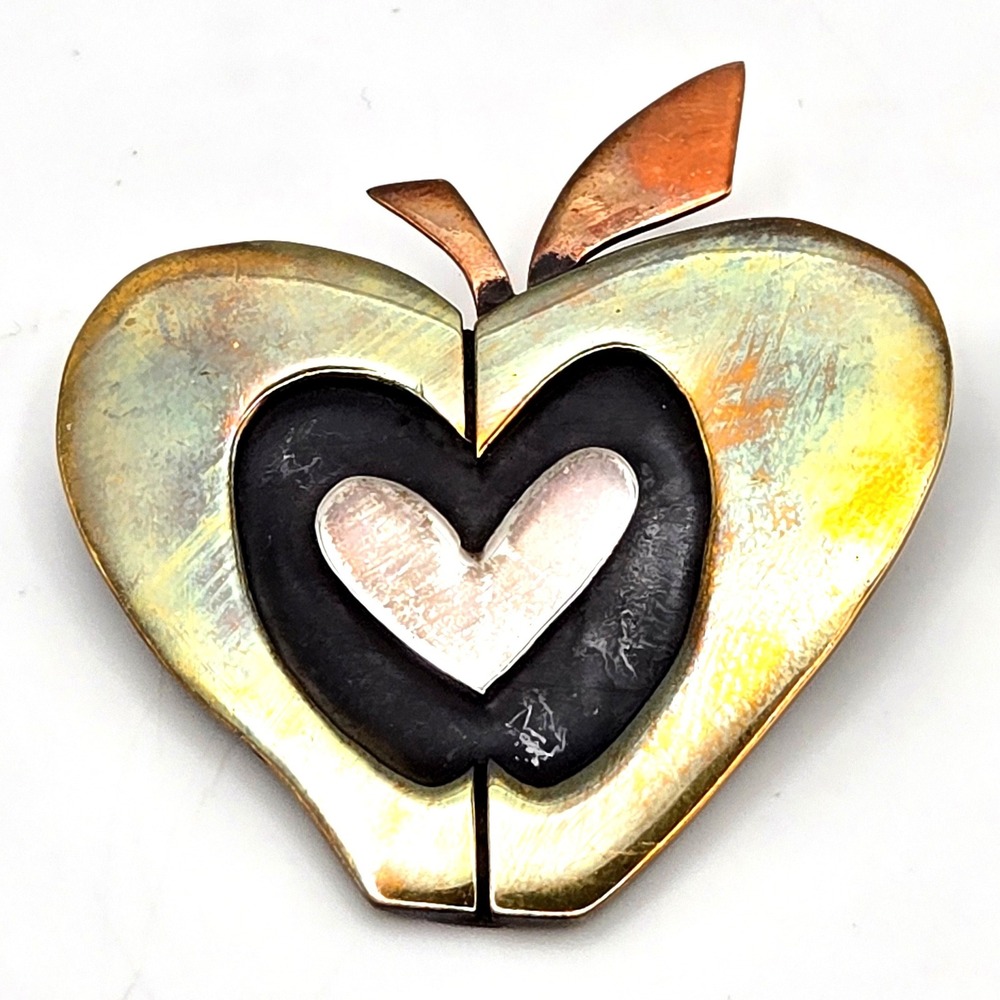 Far‎ Fetched Mixed Metal Brooch Apple Heart Sterling Silver Copper 1990s Mexico